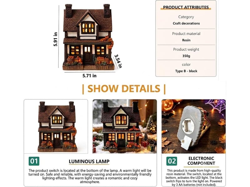  Décoration automne lumineuse 1 pièces, maison de village en résine avec led blanc chaud, décoration de table, noir  - Conforama E