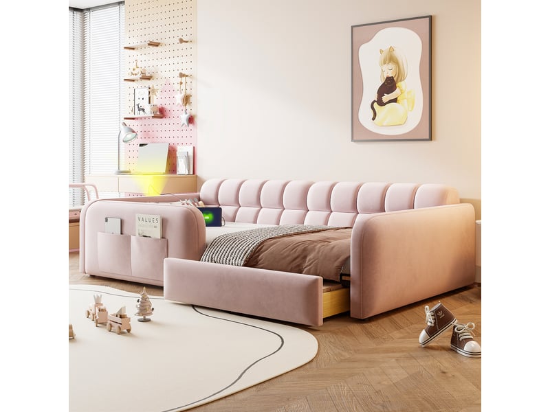 Lit enfant 90x200 cm rose en velours avec tête de lit sofa, veilleuse, usb-c, tiroir et barrières - Conforama W