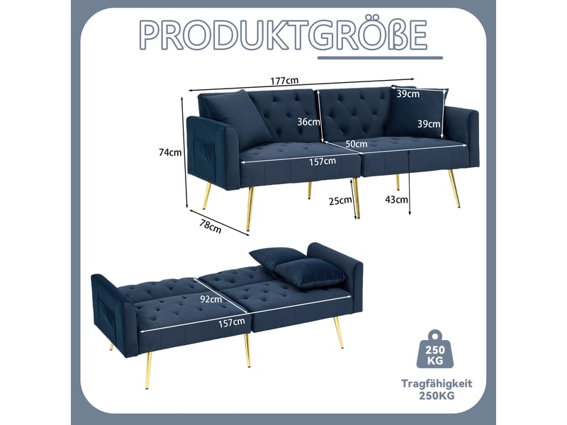  Canapé 2 places convertible avec dossier réglable  - coussins assortis, pieds en métal, velours - bleu  - Conforama D