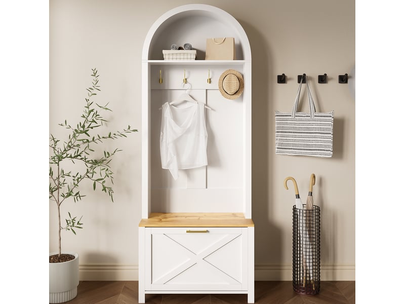  Meubles d'entrée avec porte-manteaux, étagère et rangement à chaussures, pour hall, mdf blanc et bois, 75 × 35 × 195 cm  - Conforama C