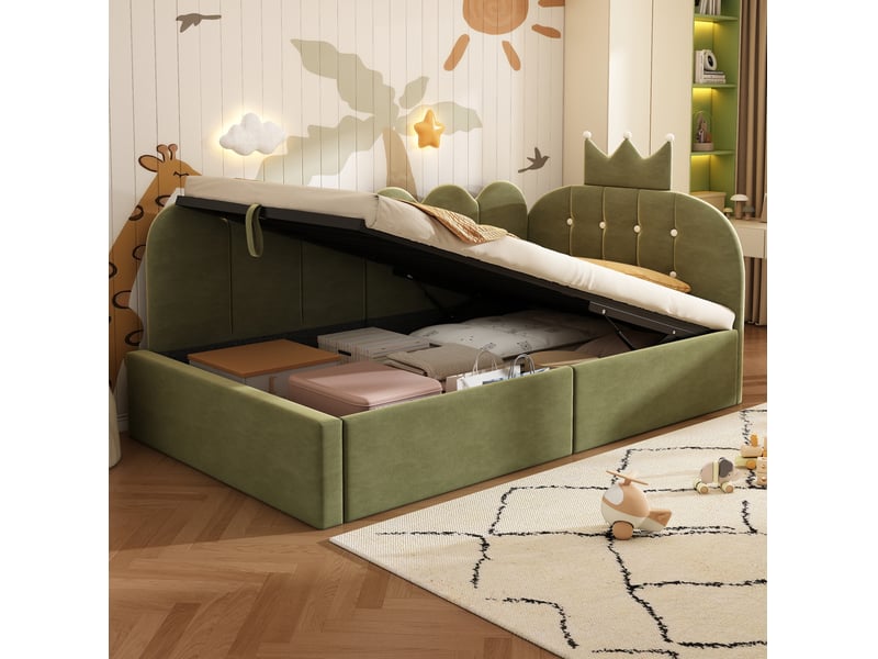  Modenvie lit banquette 90x190 cm - avec rangement hydraulique, velours capitonné, sans matelas - vert  - Conforama D