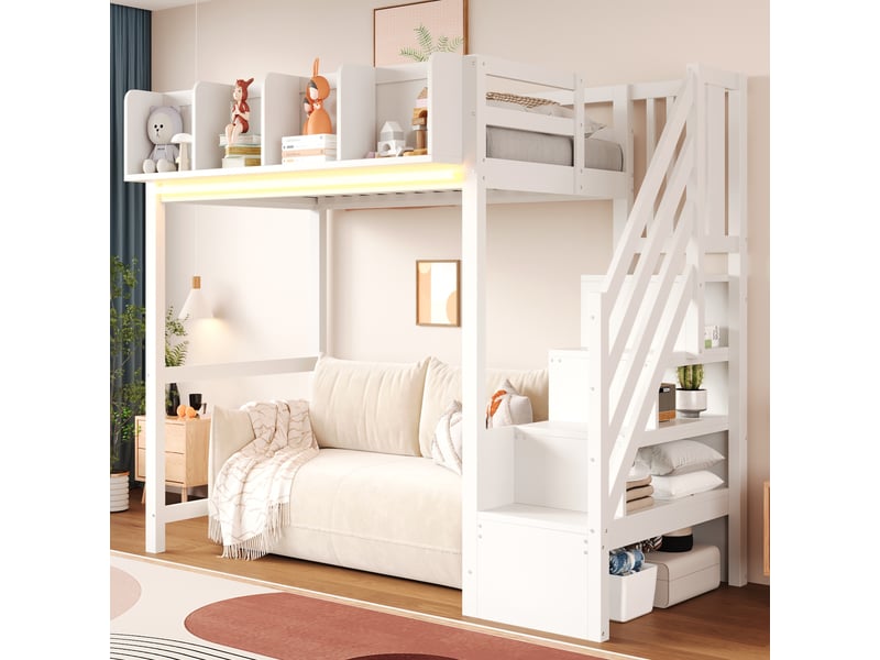 Lit mezzanine enfant une place 90×200 cm avec barrière, étagères et led - okmyhome- bois blanc, sans matelas  - Conforama B