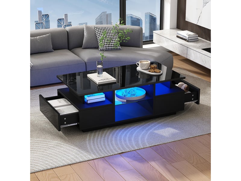 Table basse 100x50x36 cm 2 tiroirs appoint led brillante rangement ouvert cloison verre thé canapé salon noir - Conforama E
