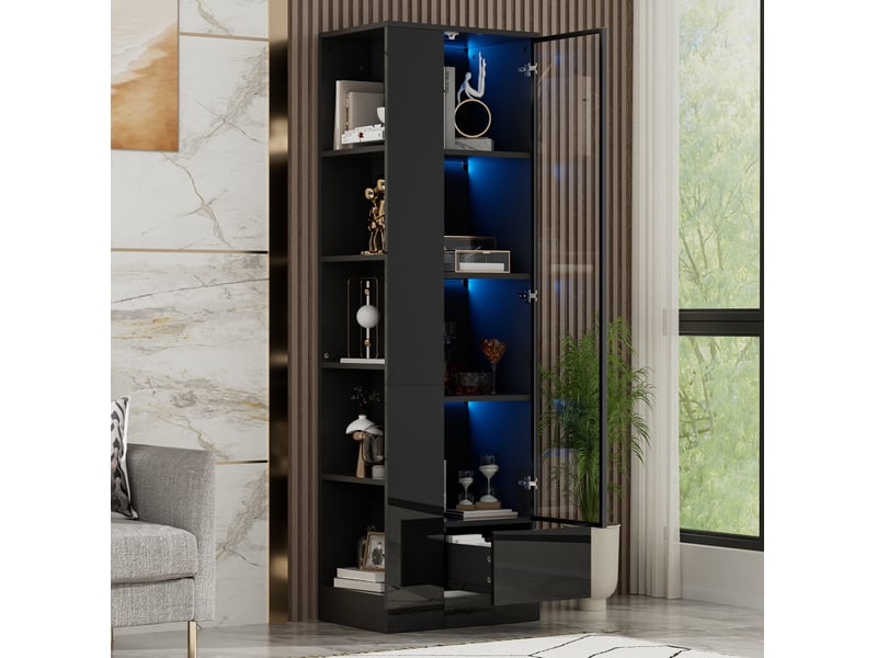  Vitrine led avec porte vitrée et tiroir 50x35x160 cm noire brillante  - Conforama W