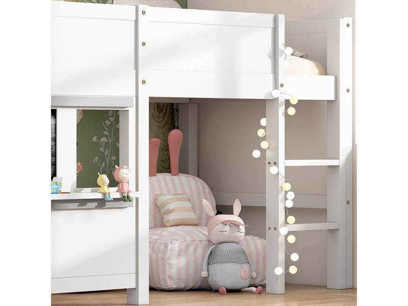  Lit cabane enfant 90x200 superposé blanc avec tableau noir et étagère  - Conforama W
