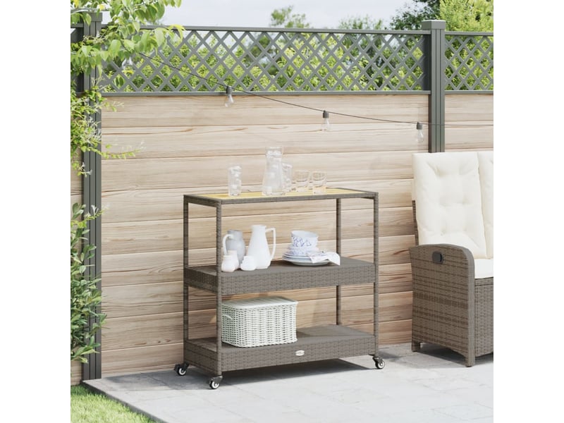  Chariot de service, chariot de bar 3 niveaux gris rotin et bois d'acacia massif  - Conforama C