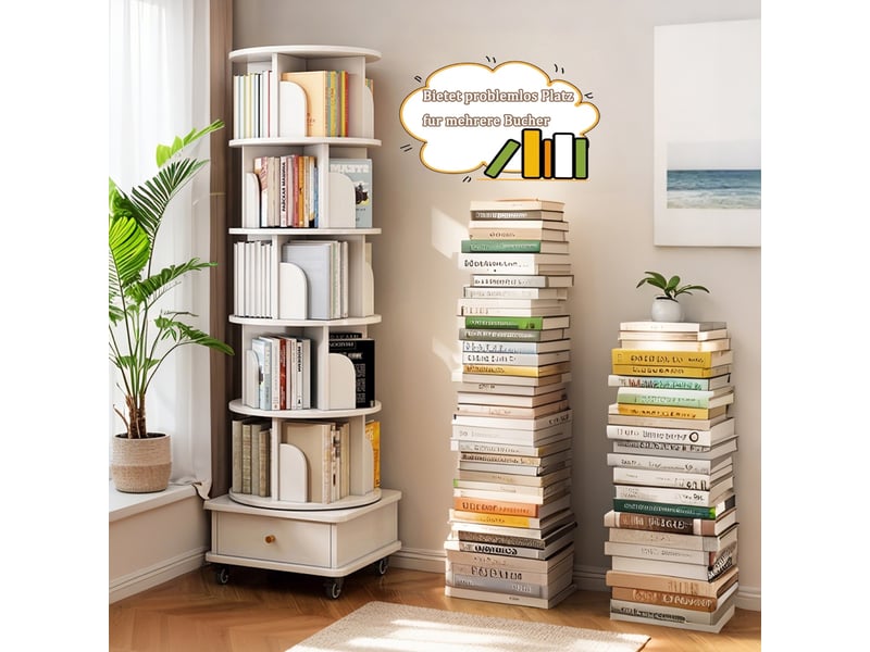  Bibliothèque tournante - 46x46x173cm - 6 niveaux avec tiroir et roulettes - étagère à livres ronde gain de place - blanc  - Conforama C