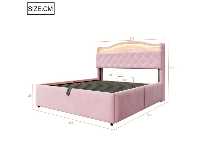  Lit coffre 140x200 cm, tête de lit led usb usb-c, rangement hydraulique, velours métal, 250 kg rose sans matelas  - Conforama C
