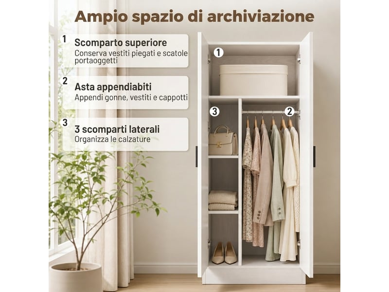  Armoire étroite avec penderie et étagères pour vêtements, 70 x 37 x 164 cm, blanche  - Conforama E
