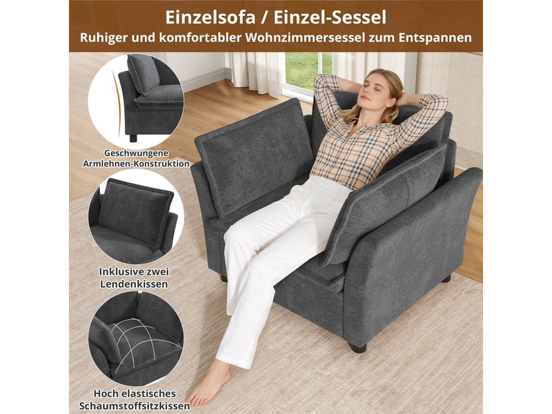 Fauteuil moderne avec accoudoirs, en tissu chenille gris, rembourrage doux, adapté à la lecture, la détente, au salon, bureau ou petit espace - Conforama E