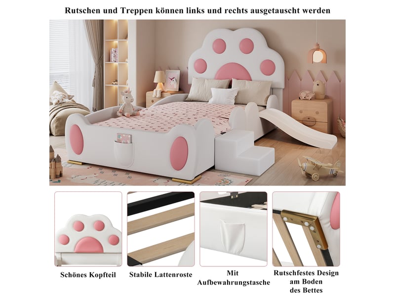  Lit capitonné enfant avec tête patte de chat, toboggan et échelle, 90x200cm, blanc et rose  - Conforama E