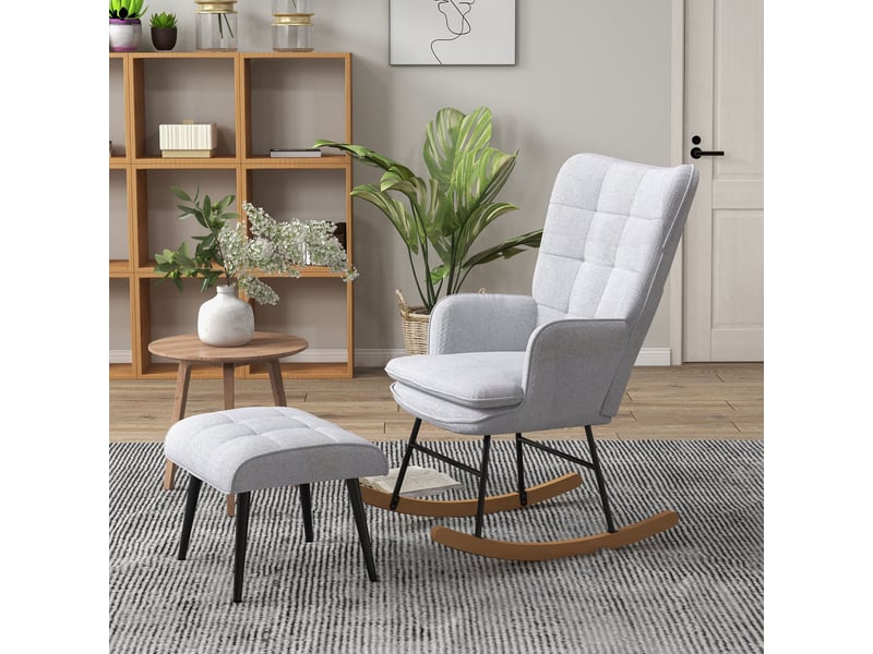  Fauteuil à bascule avec repose-pieds, design scandinave, bois de hêtre, matelassé, 64 cm x 89 cm x 90 cm, gris  - Conforama D