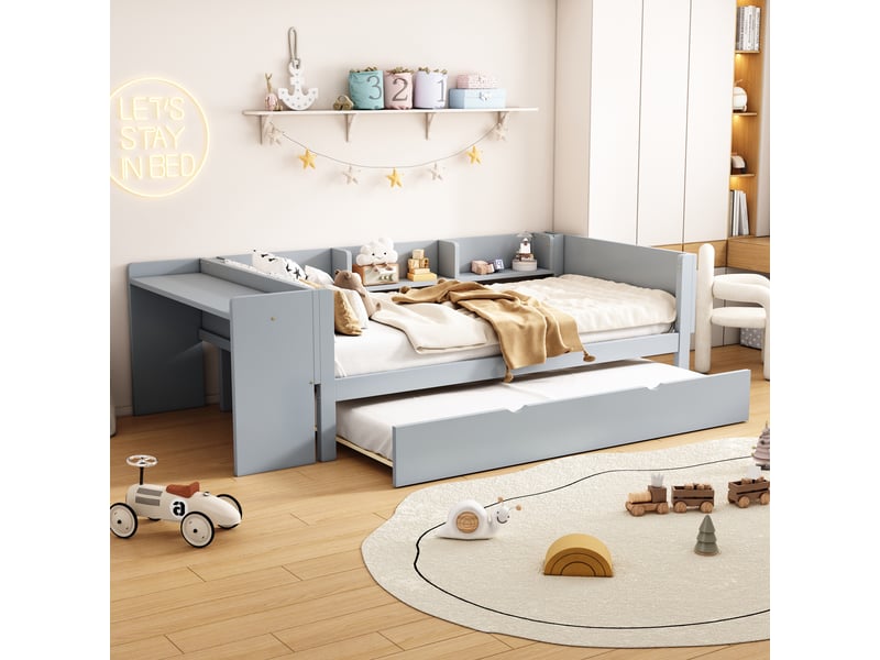  Lit plat 90*200cm, gris, avec lit gigogne, bureau et trois étagères, structure en pin et mdf, sans matelas  - Conforama E