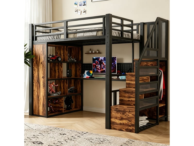  Lit mezzanine 90x200 cm avec bureau, rangements, armoire et led noir  - Conforama D