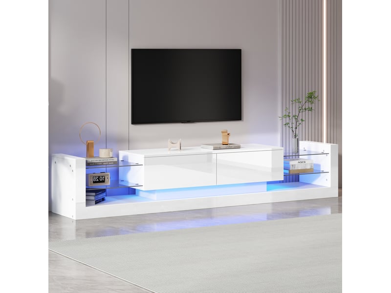  Meuble tv modenvie blanc brillant avec led et façade en verre 181 x 38 x 38 cm  - Conforama D