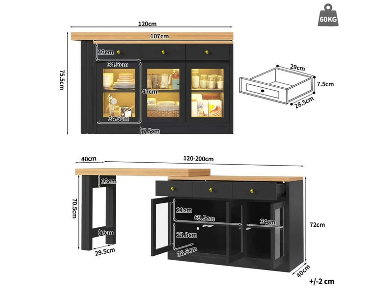 Îlot de cuisine extensible 120 à 200 cm avec éclairage led et 3 tiroirs - Conforama E