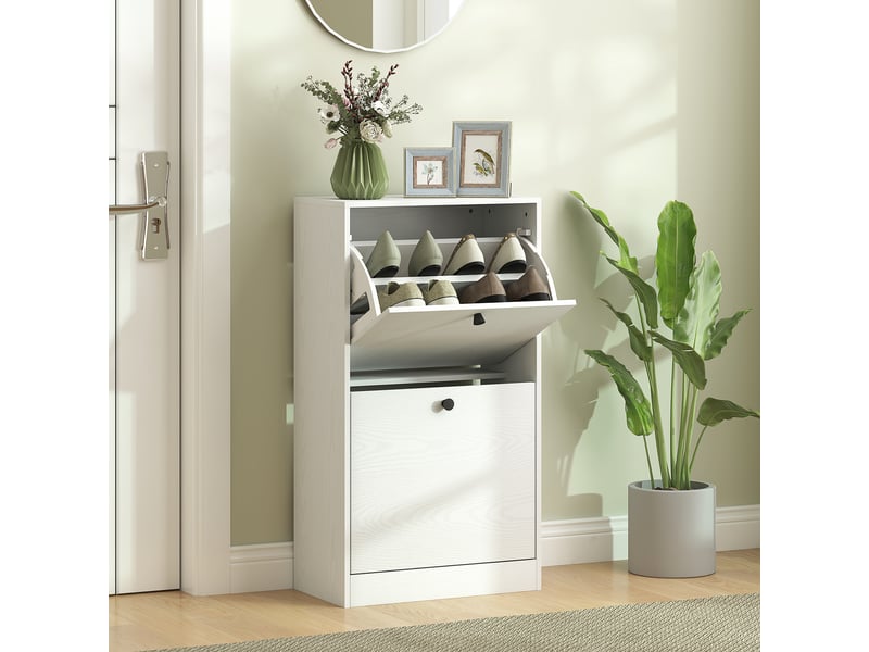  Meuble à chaussures avec 2 tiroirs abattants et étagères réglables pour couloirs et petits espaces 47x26x85 cm blanc marbré  - Conforama B