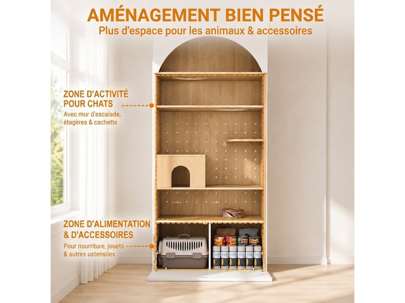  Armoire penderie avec espace chat 270x50x200 cm, meuble vestiaire multifonction blanc et bois  - Conforama R