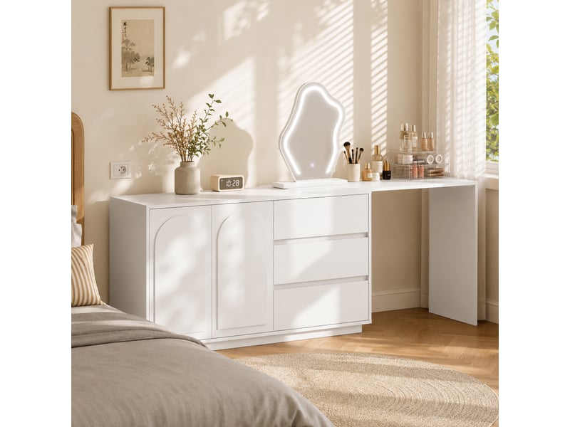  Coiffeuse 3 tiroirs, 2 portes et miroir à LED, meuble de maquillage pour chambre à coucher  - Conforama D