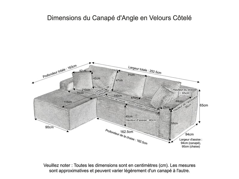  Canapé modulable 4 places canapé d'angle en l noir avec méridienne surdimensionnée  - Conforama E