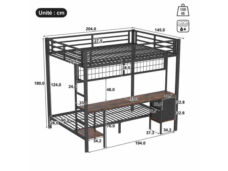  Lit mezzanine avec bureau, structure en métal noir, couchages 90 x 200 et 140 x 200 cm, rangements et éclairage led  - Conforama C