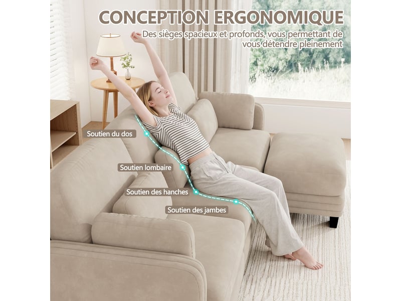  Canapé d’angle modulable 330 cm 4 places avec pouf, coussins d’accoudoir amovibles, coussins lombaires épais à soutien renforcé, chenille, marron clair  - Conforama E