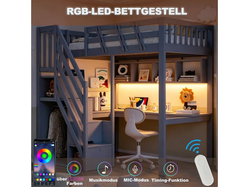  Lit mezzanine enfant 90x200 cm - avec escalier rangement, bureau intégré, prise usb et led, bois massif gris evarich - Conforama D