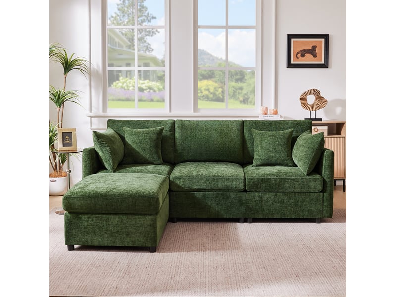 Canapé d'angle, canapé convertible – en chenille, pouf amovible, vert, 3 places - Conforama A