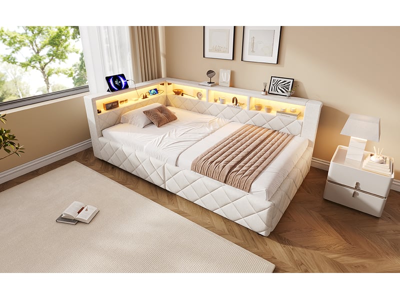  Lit banquette 90x200 cm,avec hydraulique, revêtement,rangements ouverts, éclairage led et usb, lin, beige  - Conforama B