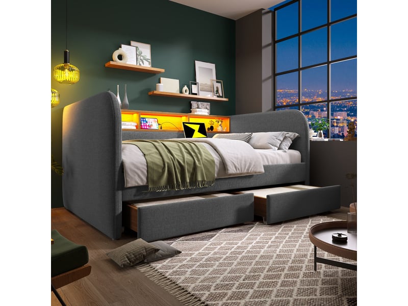 Lit banquette rembourré 140x190 cm, canapé-lit en lin avec led, usb-c, 2 tiroirs et tête de lit avec rangement, sans matelas - Conforama D