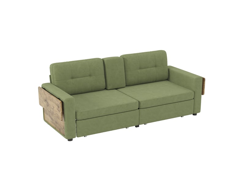  Canapé 2 places en chenille avec rangement intégré, table d’appoint réglable, porte-gobelets et espace de travail - vert  - Conforama A