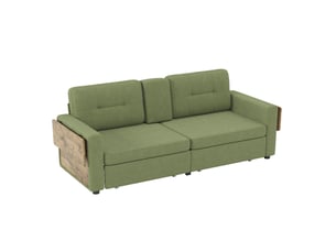 Canapé 2 places en chenille avec rangement intégré, table d’appoint réglable, porte-gobelets et espace de travail - vert