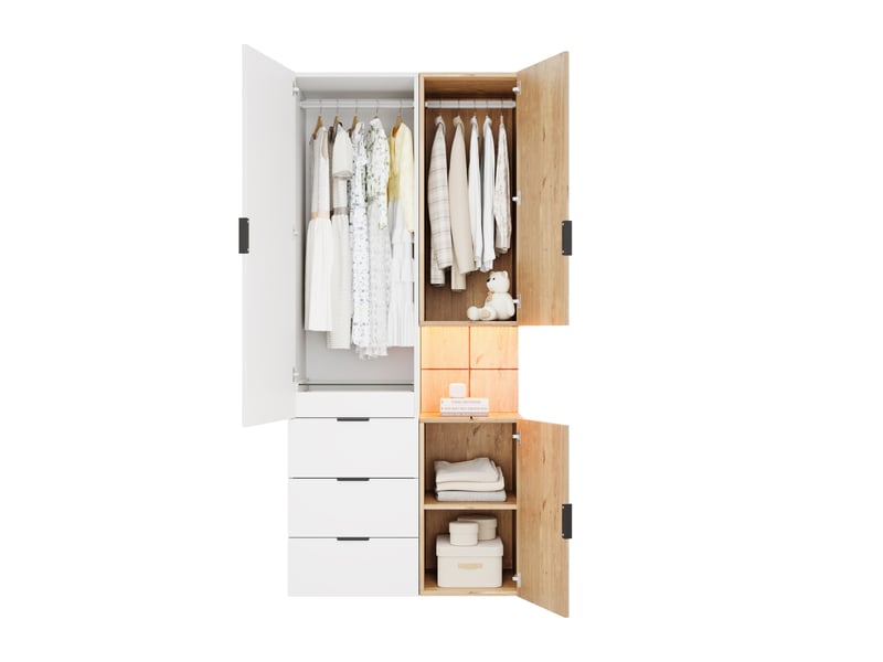  Armoire tcqpz 3 portes avec led et 4 tiroirs 90 x 49 x 200 cm mdf blanc et aspect chêne  - Conforama A