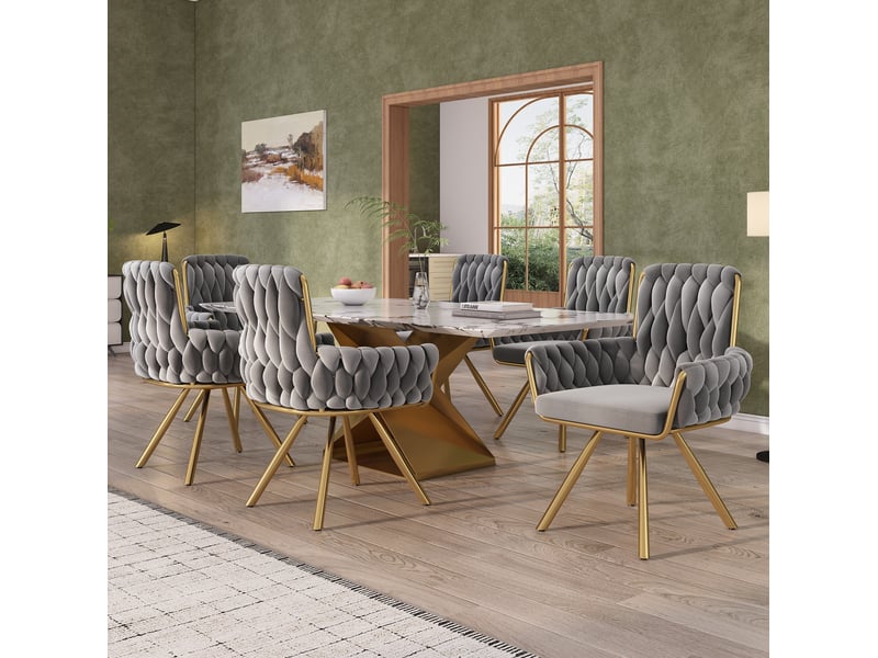  Lot de 6 chaises de salle à manger avec revêtement tissu velours, chaises dotée d'accoudoirs, rotatives et piètement acierlique, gris+doré  - Conforama B