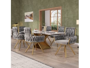 Lot de 6 chaises de salle à manger avec revêtement tissu velours, chaises dotée d'accoudoirs, rotatives et piètement acierlique, gris+doré