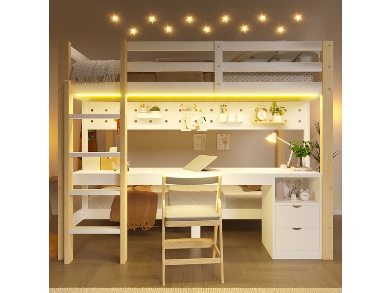 Lit mezzanine avec bureau, tiroirs, panneau perforé et led, pin, 90x200+140x200 cm - Conforama B