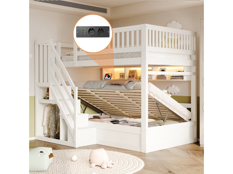  Lit superposé 140x200 cm, lit enfant, ouverture hydraulique, escalier avec rangement, barrière de sécurité, éclairage led, bois blanc CozyNest - Conforama E