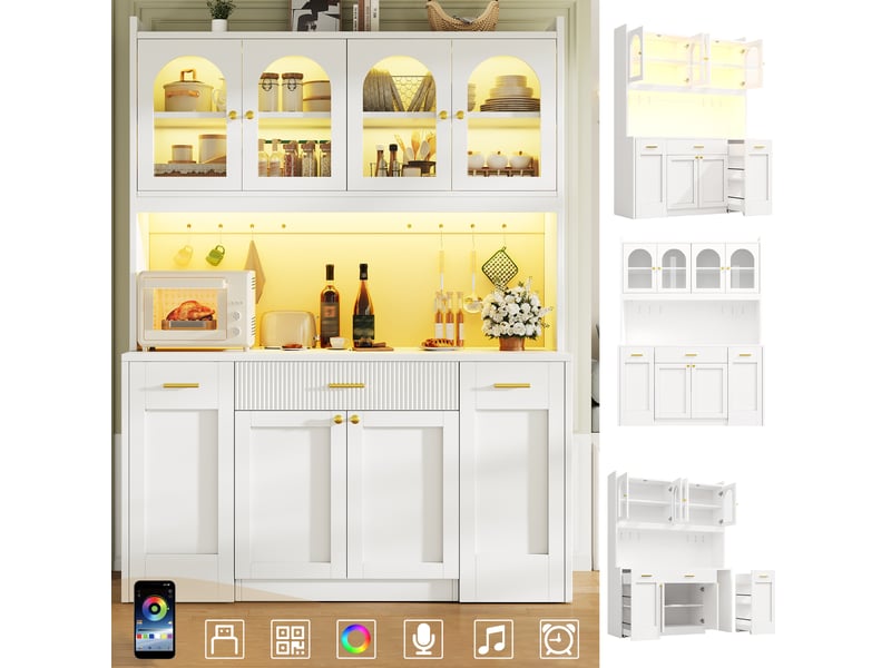  Buffet cuisine 6 portes et 3 tiroirs, 120 x 40 x 187 cm, éclairage led, vitrines supérieures et tablettes coulissantes, mdf, blanc Morn Vibe - Conforama D