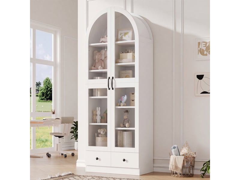  Vitrine à sommet arqué avec 2 portes vitrées et 2 tiroirs à compartiments pour salon et bureau en mdf verre blanc  - Conforama C