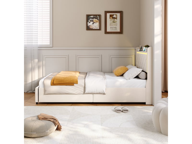  Lit simple rembourré 90x200cm,lit 90x200cm avec led et chargement usb,2 tiroirs,lit adulte,sommier à lattes,velours,beige  - Conforama E