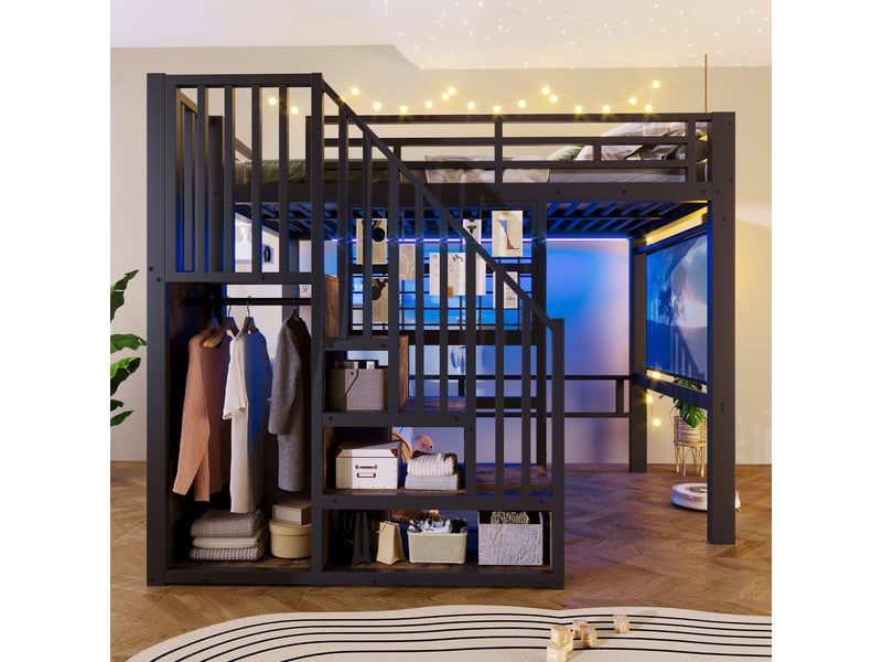  Lit mezzanine 140x200 cm avec led, escalier de rangement, panneau grillagé, support projecteur et sommier, gain de place en métal, noir Sol Morn - Conforama D
