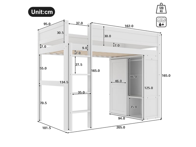  Modenvie lit mezzanine enfant 90x200 cm - avec armoire et rangement intégré, sans matelas - blanc  - Conforama C
