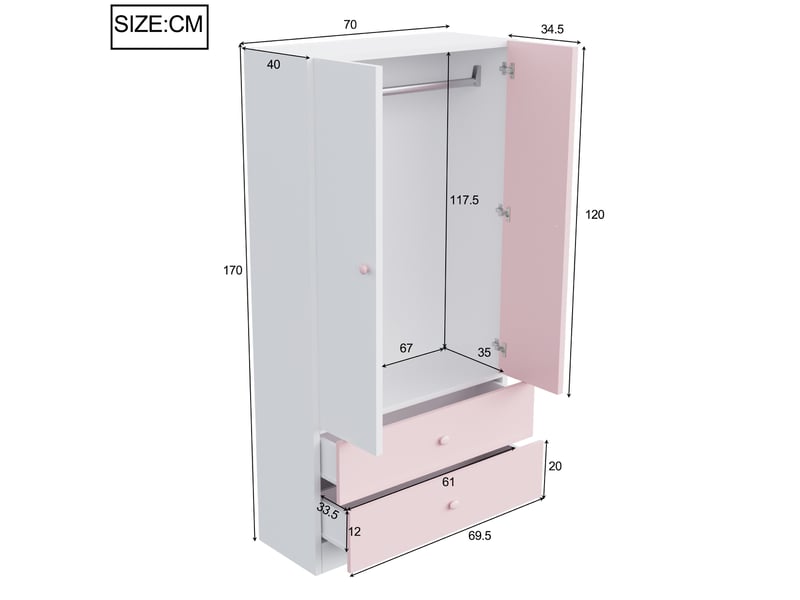Armoire 1 porte avec penderie et 2 grands tiroirs, rose et blanche, pour chambre en contreplaqué et mdf 70 × 40 × 170 cm - Conforama C