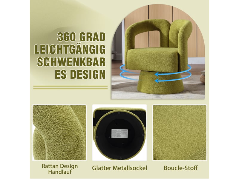  Fauteuil pivotant à 360° en tissu bouclette vert olive W2845P205758 - Conforama E
