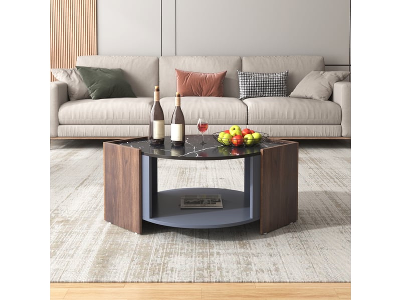  Table basse en marbre et noyer - marbre noir et veinure de noyer - dimensions 96.5x63x40cm - Conforama W
