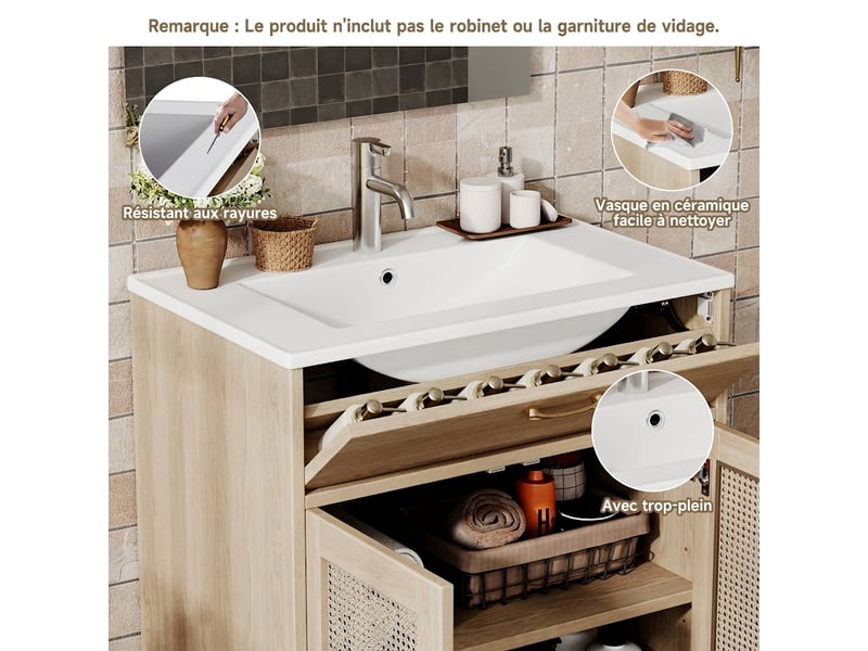  Meuble salle de bain sur pied 76cm avec meuble vasque céramique, mdf et rotin naturel  - Conforama C