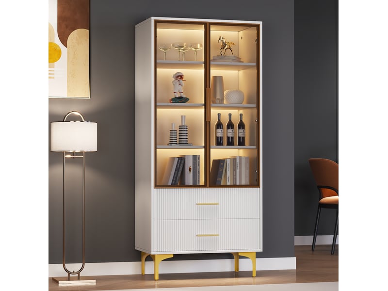  Vitrine avec 2 portes vitrées, 2 tiroirs, 3 étagères dont 2 réglables et led pour salon, blanche, 70 × 35 × 150 cm  - Conforama C