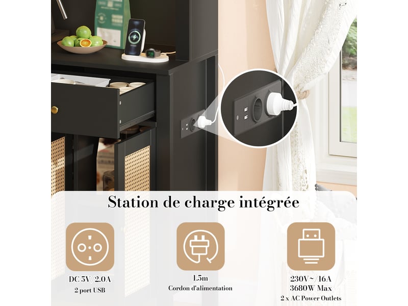  Meuble de cuisine muvano, armoire de cuisine noire avec portes en rotin, 100 × 40 × 180 cm  - Conforama E