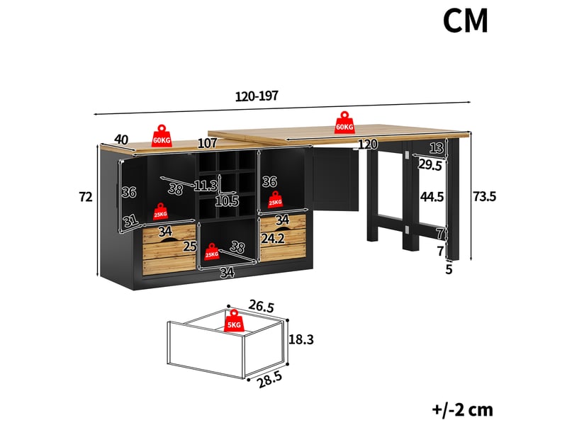  Îlot de cuisine extensible pivotante avec porte-bouteilles amovible 120-197x40x72 cm noire  - Conforama C