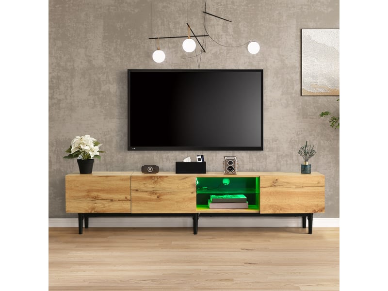  Meuble tv 175 cm chêne clair et noir avec led contrôlables par application et 3 rangements  - Conforama W